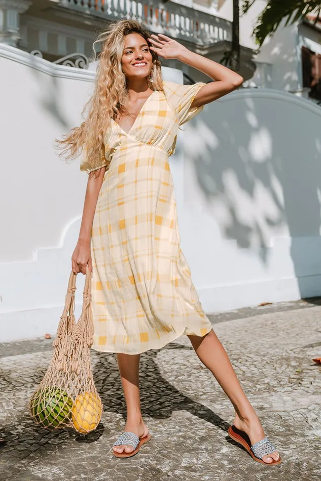Women Midi Dresses Cupshe Aleena Plaid V Neck Dress Yellow