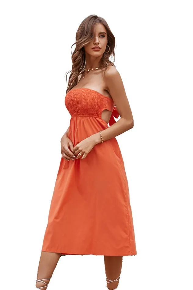 Women Midi Dresses Cupshe Alma Beach Tea Length Backless Tie Dress Orange
