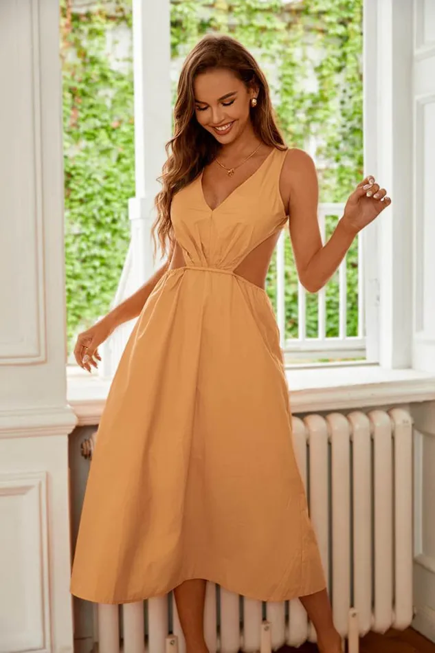 Women Midi Dresses Cupshe Edie Cut Out Elastic Waist AShape Dress Yellow