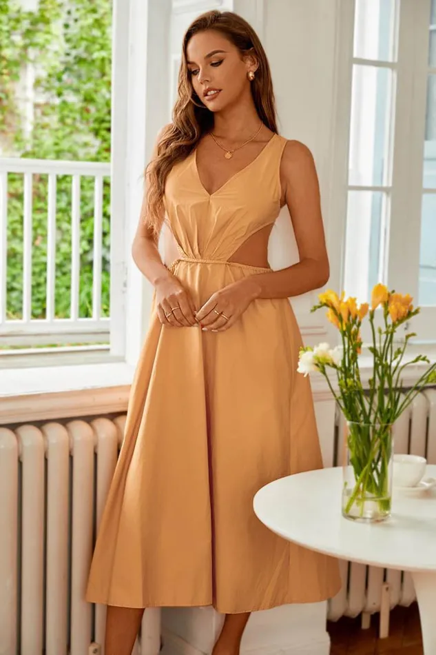 Women Midi Dresses Cupshe Edie Cut Out Elastic Waist AShape Dress Yellow