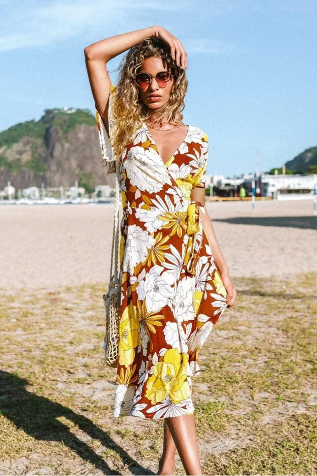 Women Midi Dresses Cupshe Freya Floral Wrap Tie Wait Dress Multicolor