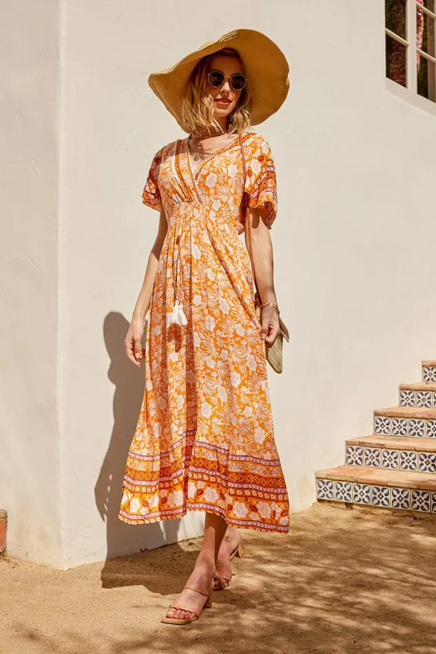 Women Midi Dresses Cupshe Honopu Vneck Bell Sleeve Tassel AShape Dress Multicolor