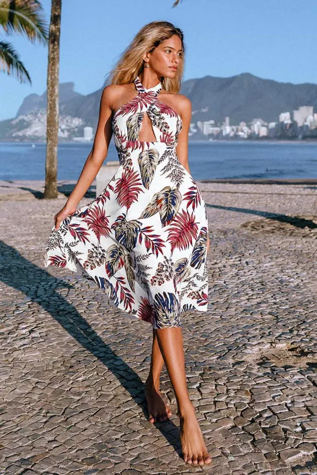 Women Midi Dresses Cupshe Kara Tropical Halter Dress Multicolor