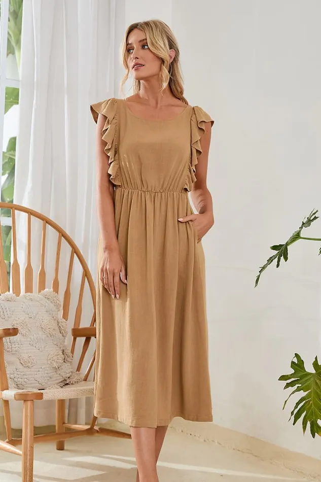 Women Midi Dresses Cupshe Karen Round Neck Fitted Waisted Ruffled Dress Khaki
