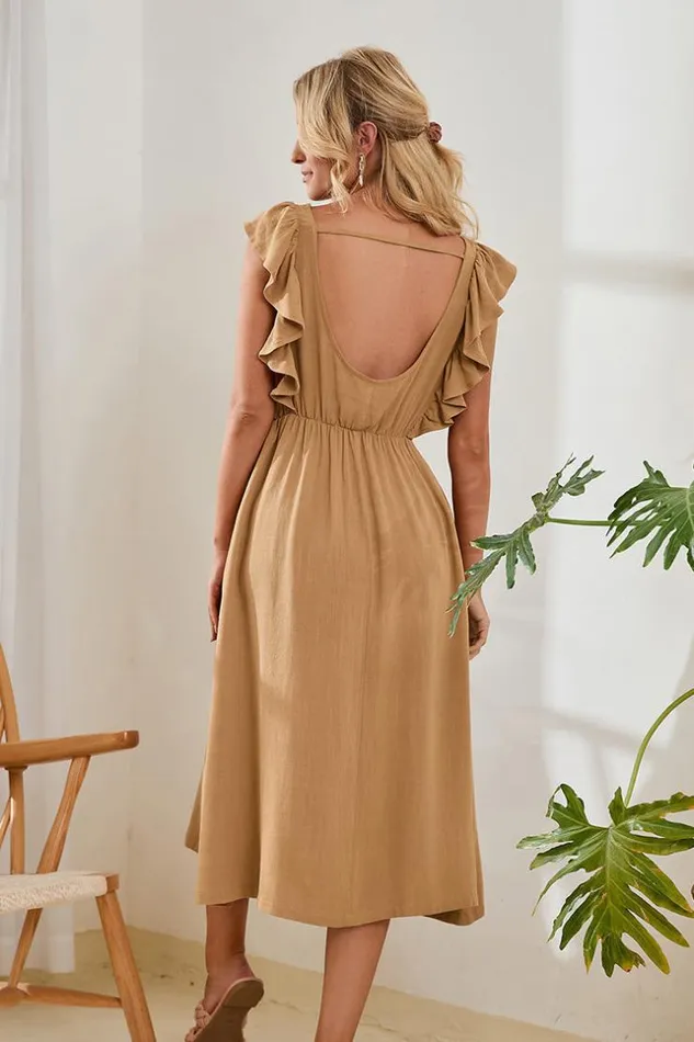 Women Midi Dresses Cupshe Karen Round Neck Fitted Waisted Ruffled Dress Khaki