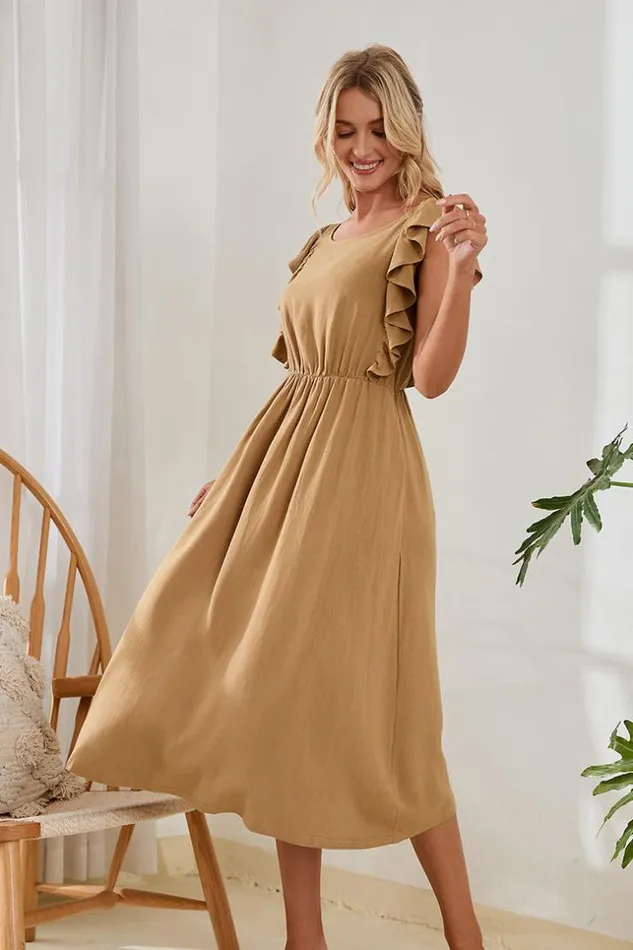 Women Midi Dresses Cupshe Karen Round Neck Fitted Waisted Ruffled Dress Khaki