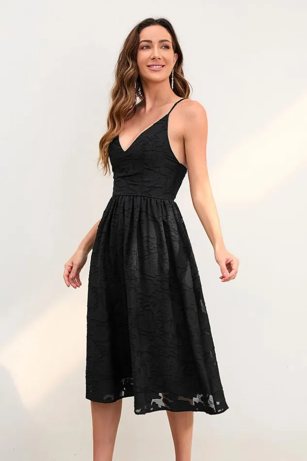 Women Midi Dresses Cupshe Leticia Black Vneck Smocking AShape Dress Black