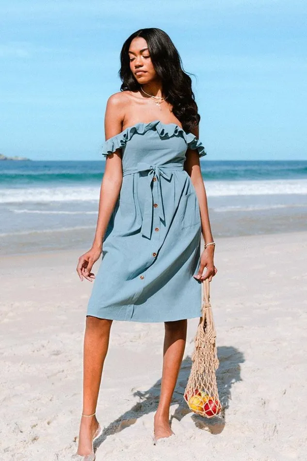 Women Midi Dresses Cupshe Magdalena Blue Off Shoulder Ruffle Tea Length Dress Blue