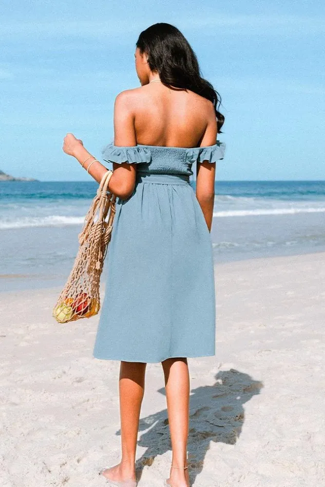 Women Midi Dresses Cupshe Magdalena Blue Off Shoulder Ruffle Tea Length Dress Blue