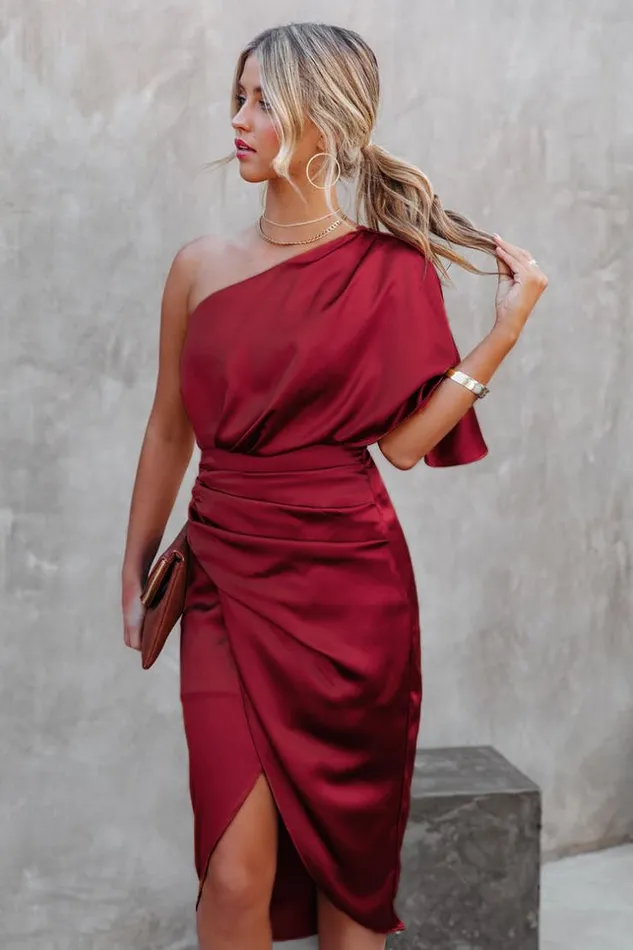 Women Midi Dresses Cupshe Ramla Burgundy Sheath Oneshoulder Dress Red