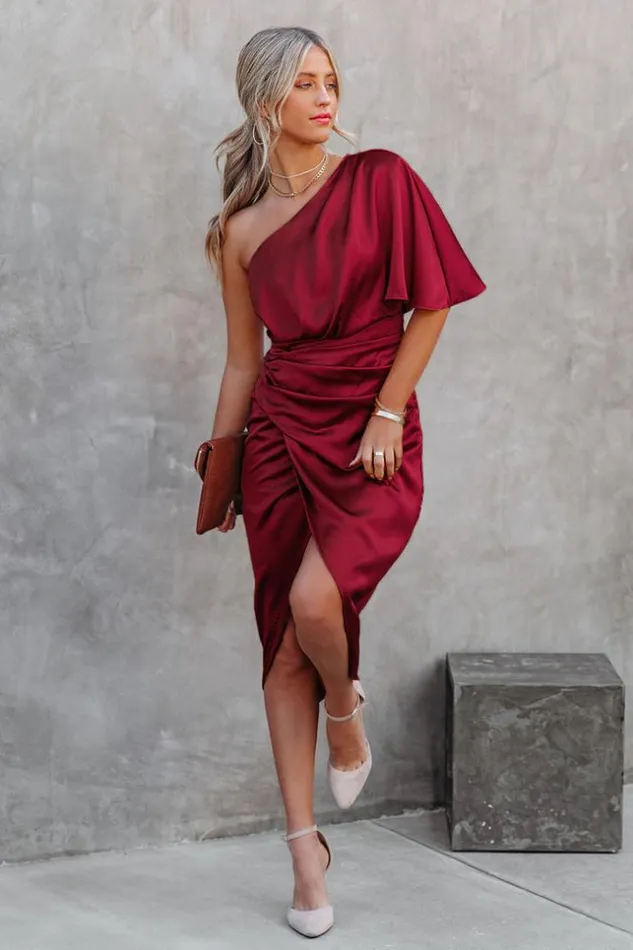 Women Midi Dresses Cupshe Ramla Burgundy Sheath Oneshoulder Dress Red
