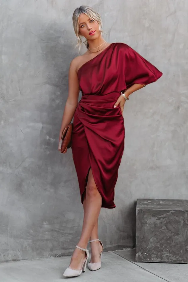 Women Midi Dresses Cupshe Ramla Burgundy Sheath Oneshoulder Dress Red