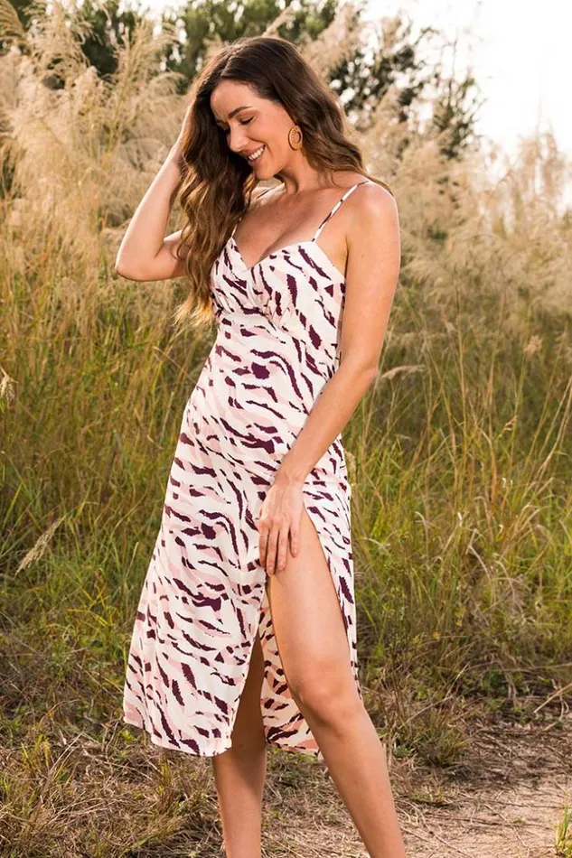 Women Midi Dresses Cupshe Randi Zebra Striped Split Slip Dress Multicolor