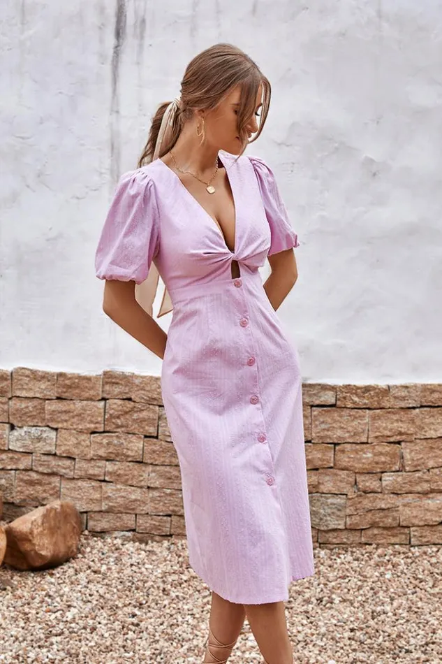 Women Midi Dresses Cupshe Varadero Plunge Bubble Sleeve AShape Dress Purple