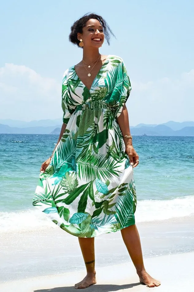 Women Midi Dresses Cupshe Whitley Tropical V Neck Dress Green