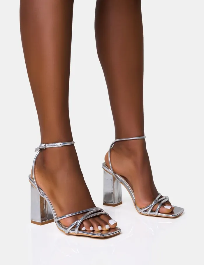 Women Miley Silver Mirror Strappy Square Toe Block Heels Silver Public Desire Party Women Miley Silver Mirror Strappy Square Toe Block Heels Silver Public Desire Party