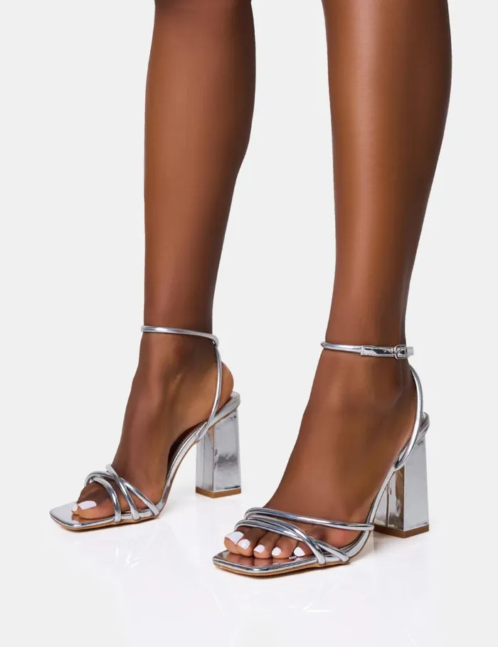 Women Miley Silver Mirror Strappy Square Toe Block Heels Silver Public Desire Party