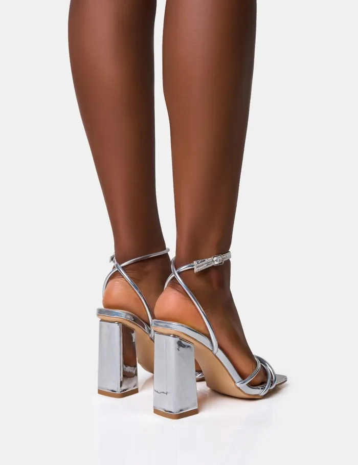 Women Miley Silver Mirror Strappy Square Toe Block Heels Silver Public Desire Party