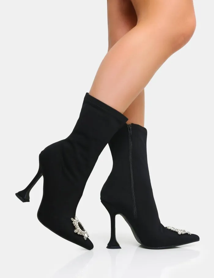 Women Modena Black Nylon Diamante Broach Cake Stand Heel Sock Ankle Boot Black Public Desire Sock Boots