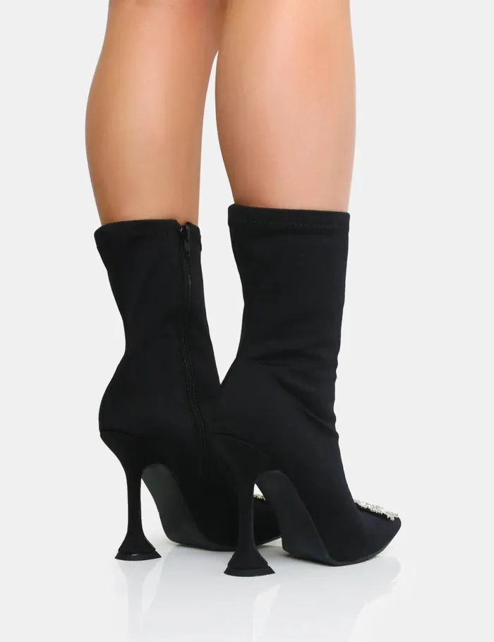 Women Modena Black Nylon Diamante Broach Cake Stand Heel Sock Ankle Boot Black Public Desire Sock Boots