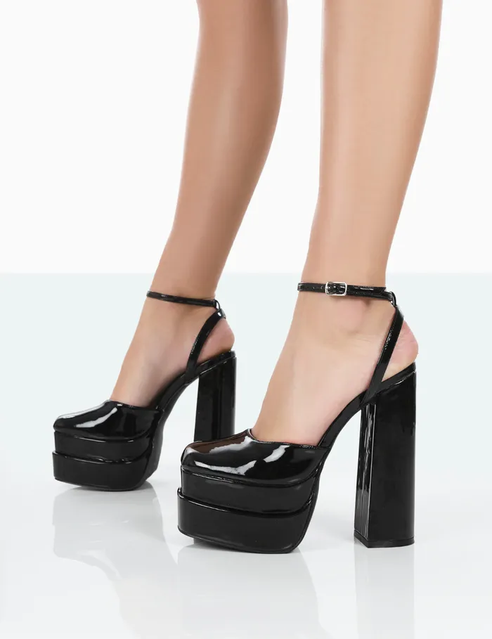 Women Moonchild Black Patent Closed Toe Statement Platform Block Heels Black Public Desire Prom