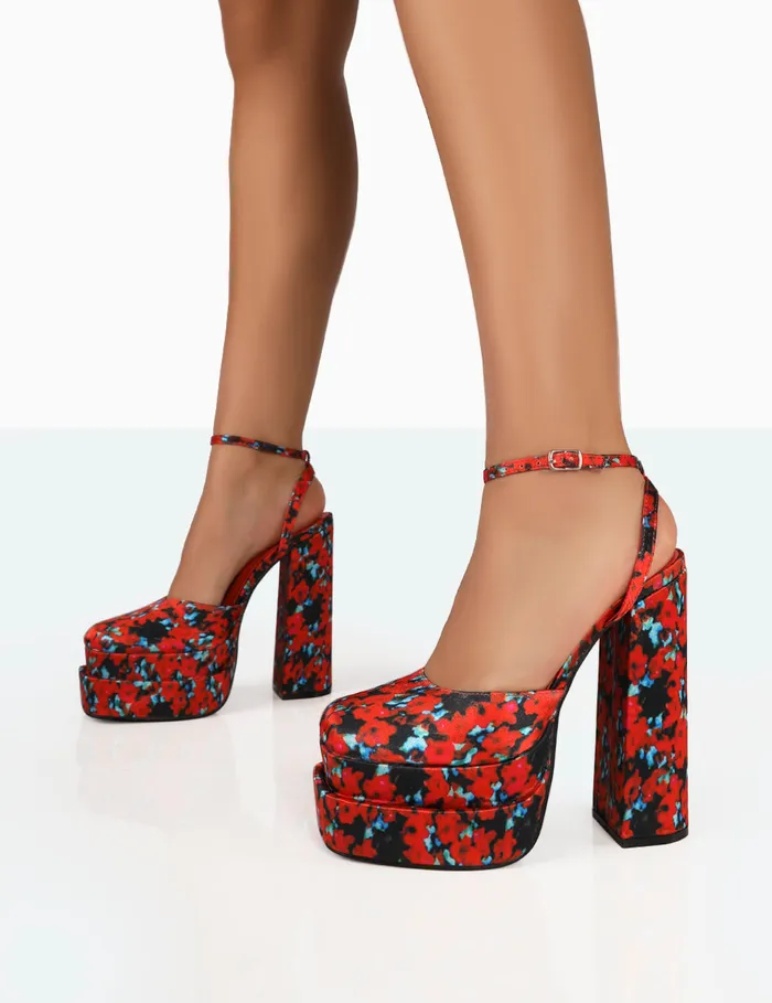 Women Moonchild Floral Satin Closed Toe Statement Platform Block Heels Multi Public Desire Party