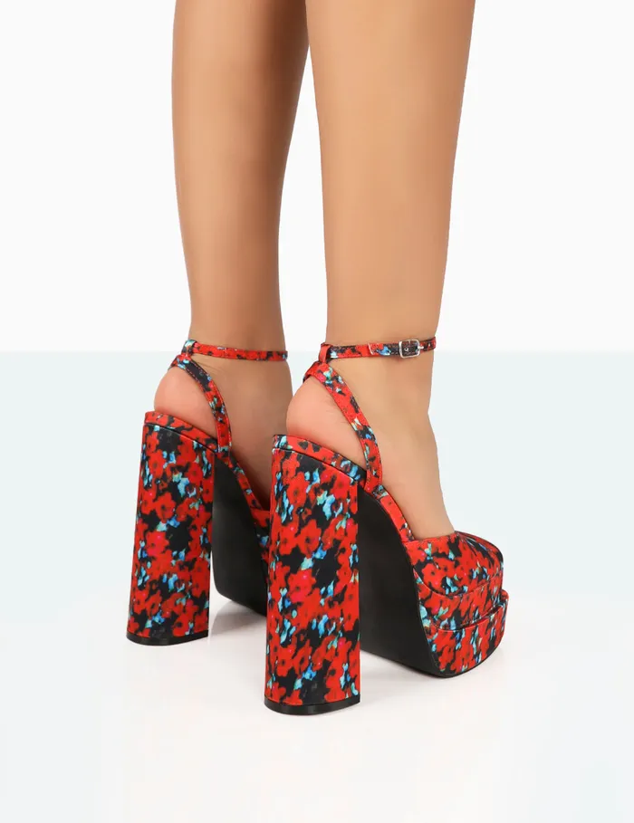 Women Moonchild Floral Satin Closed Toe Statement Platform Block Heels Multi Public Desire Party
