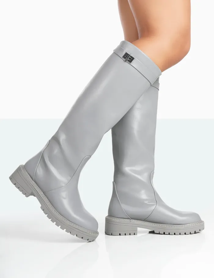 Women More Fun Wide Fit Grey PU Round Toe Chunky Sole Knee High Boots Public Desire Grey Public Desire Wide Fit Boots