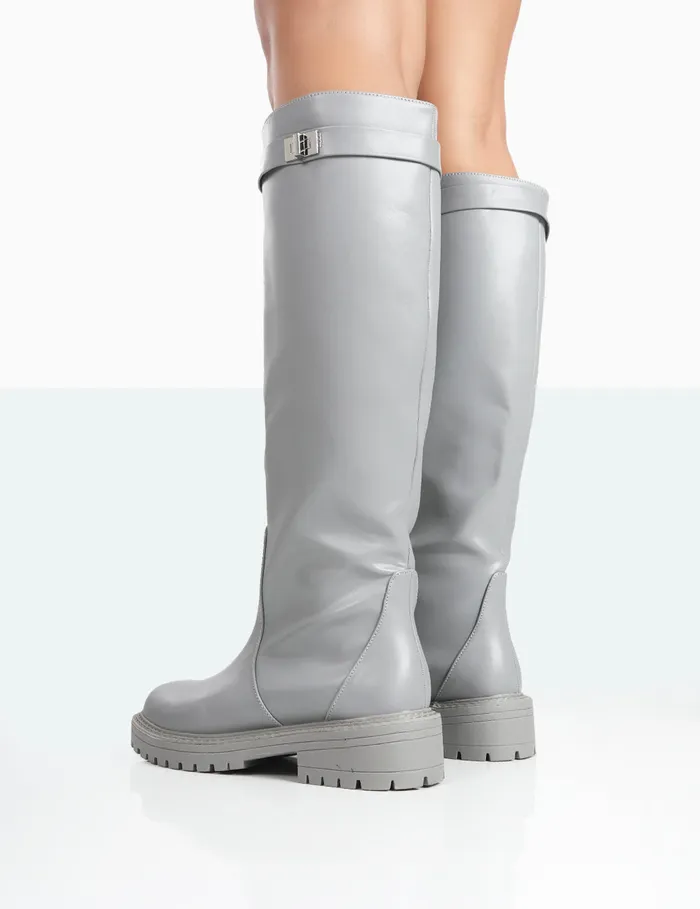 Women More Fun Wide Fit Grey PU Round Toe Chunky Sole Knee High Boots Public Desire Grey Public Desire Wide Fit Boots