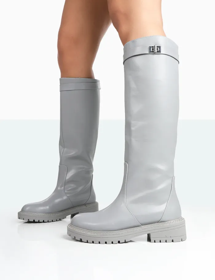 Women More Fun Wide Fit Grey PU Round Toe Chunky Sole Knee High Boots Public Desire Grey Public Desire Wide Fit Boots