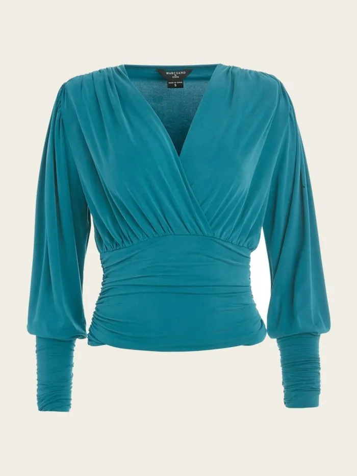 Women Natalia Ruched Top Ornate Teal Marciano Tops And Sweaters Women Natalia Ruched Top Ornate Teal Marciano Tops And Sweaters
