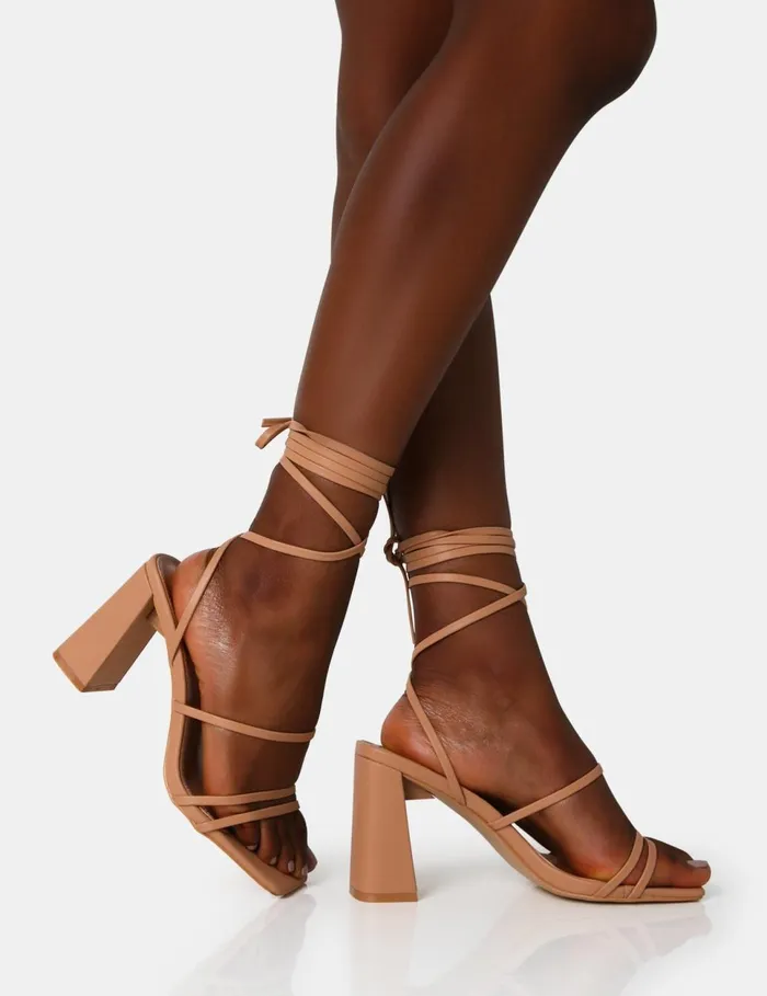 Women Natty Wide Fit Nude Pu Lace Up Square Toe Mid Block Heels Neutral Public Desire Wide Fit Heels