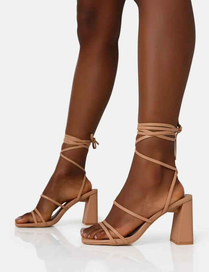 Women Natty Wide Fit Nude Pu Lace Up Square Toe Mid Block Heels Neutral Public Desire Wide Fit Heels