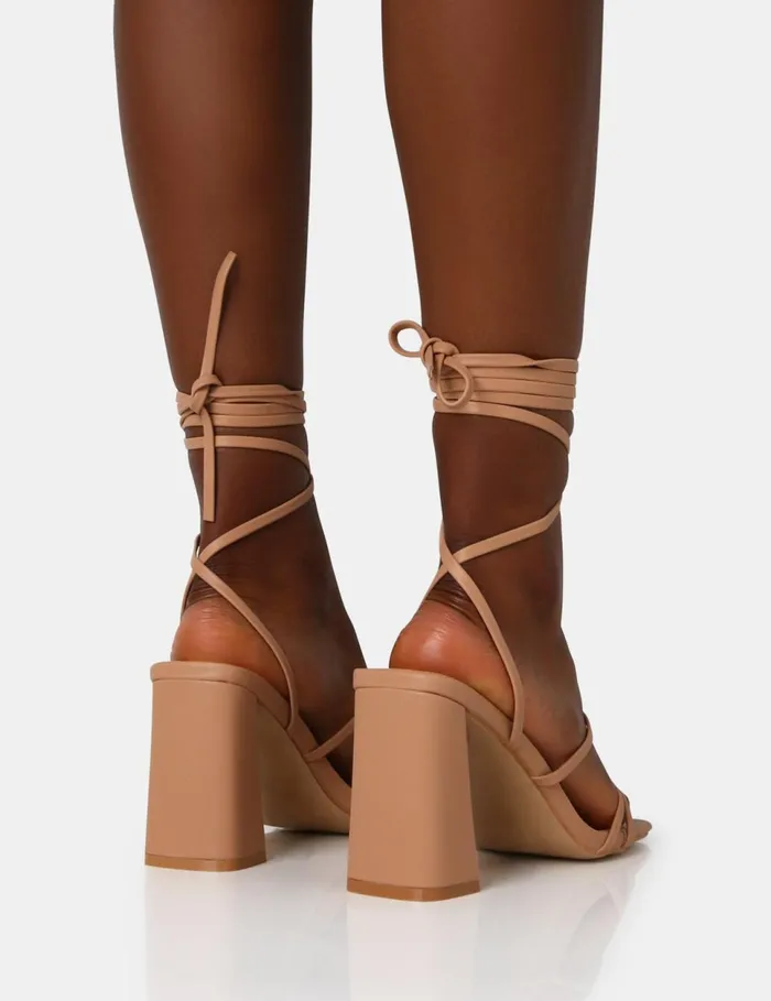 Women Natty Wide Fit Nude Pu Lace Up Square Toe Mid Block Heels Neutral Public Desire Wide Fit Heels