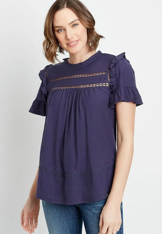 Women Navy Crochet Ruffle Sleeve Top Maurices Tops