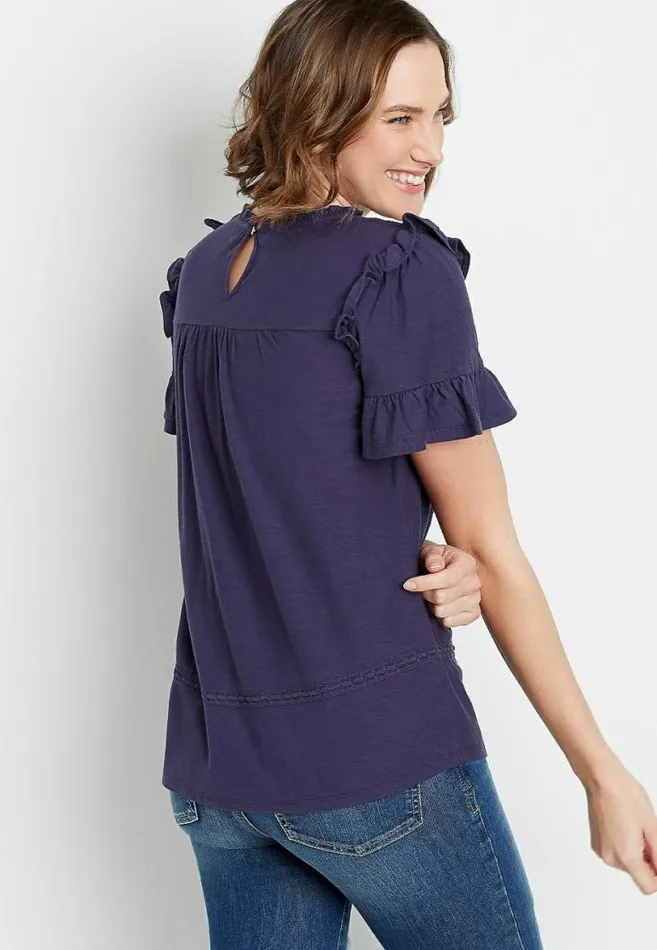Women Navy Crochet Ruffle Sleeve Top Maurices Tops