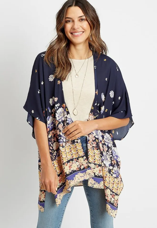 Women Navy Floral Ruana Maurices Tops