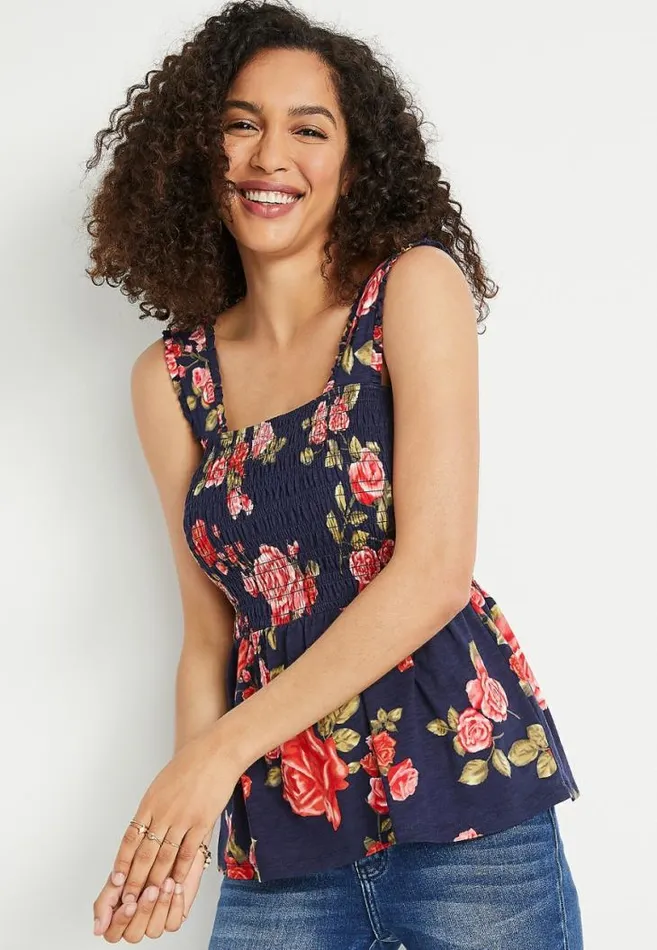 Women Navy Floral Smocked Babydoll Tank Top Maurices Tops