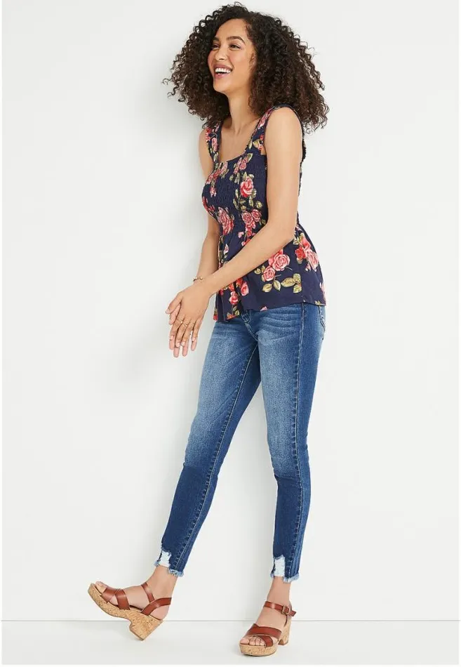 Women Navy Floral Smocked Babydoll Tank Top Maurices Tops