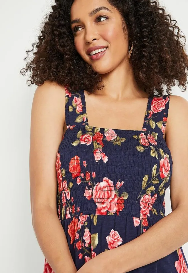 Women Navy Floral Smocked Babydoll Tank Top Maurices Tops