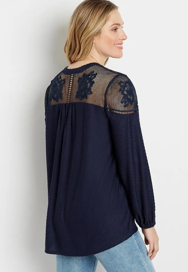 Women Navy Lace Yoke Swiss Dot Open Front Cardigan Maurices Tops