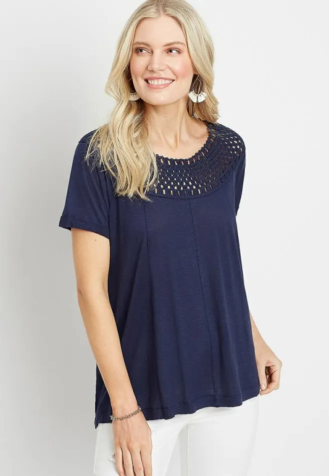 Women Navy Macrame Neck Top Maurices Tops