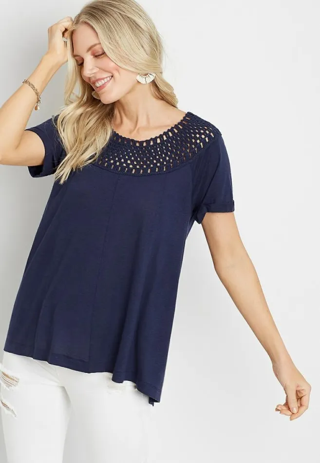 Women Navy Macrame Neck Top Maurices Tops