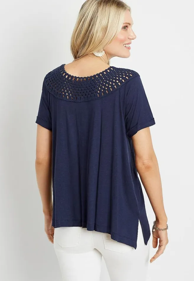 Women Navy Macrame Neck Top Maurices Tops