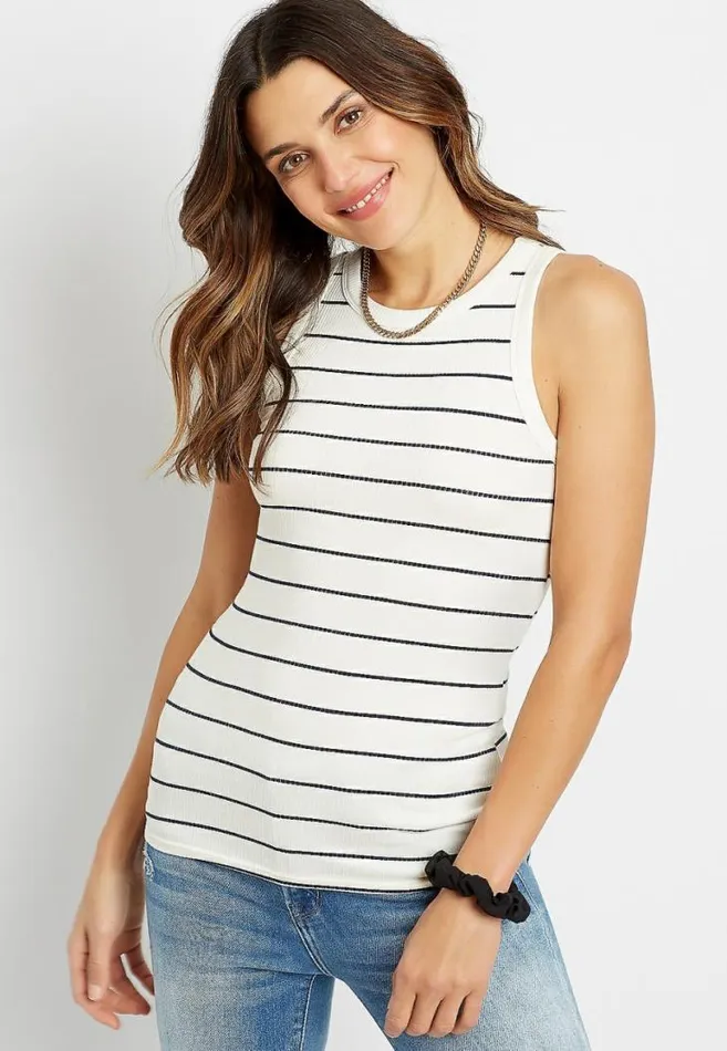 Women Navy Stripe High Neck Fitted Ribbed Tank Top Maurices Tops