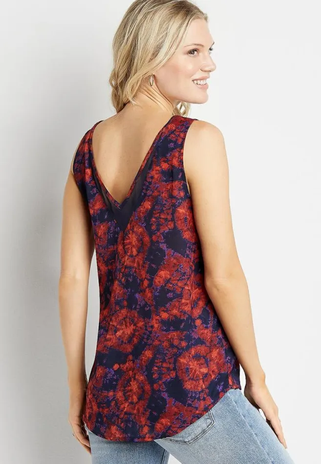Women Navy Tie Dye Sheer Inset V Neck Tank Top Maurices Tops
