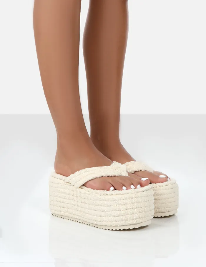 Women Nell Ecru Terry Wedge Flip Flop Sandals White Public Desire Holiday