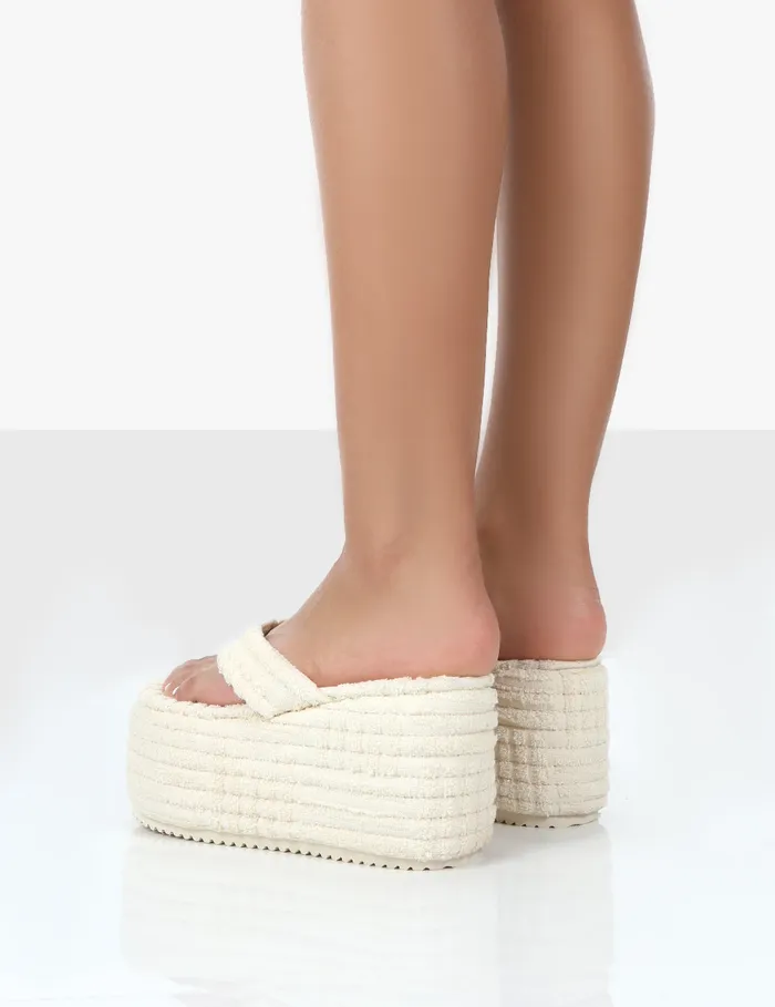 Women Nell Ecru Terry Wedge Flip Flop Sandals White Public Desire Holiday