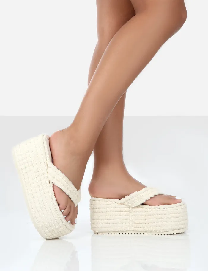 Women Nell Ecru Terry Wedge Flip Flop Sandals White Public Desire Holiday