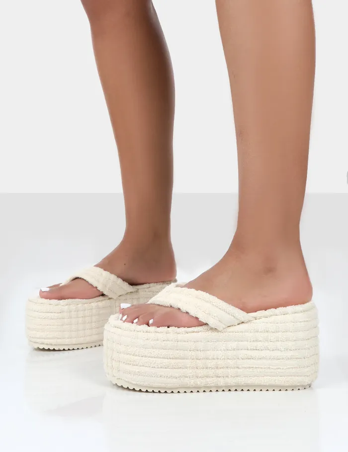 Women Nell Ecru Terry Wedge Flip Flop Sandals White Public Desire Holiday